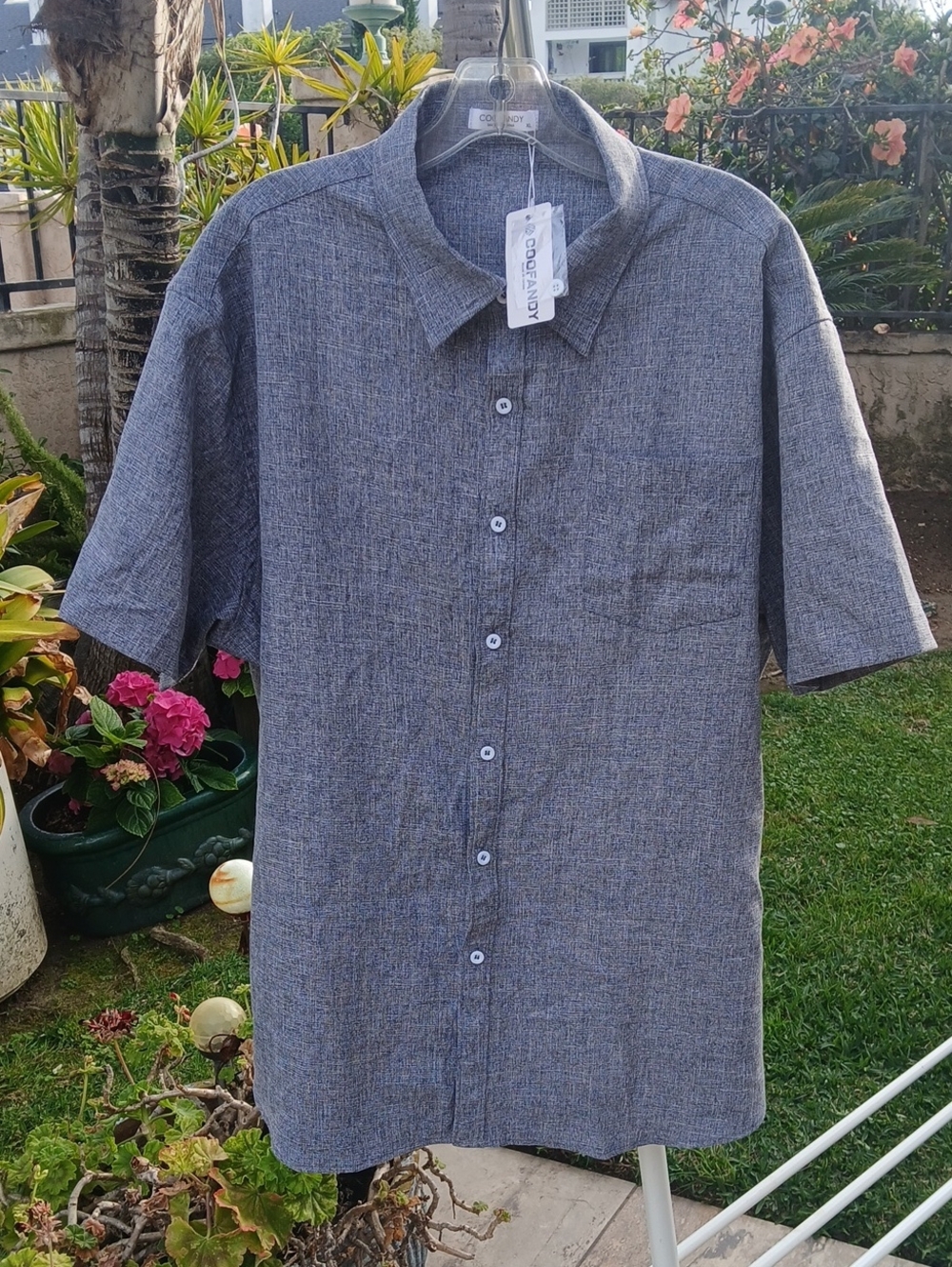 NWT COOFANDY Men's Gray Linen-Textured Short Sleeve Button Down Shirt - XL